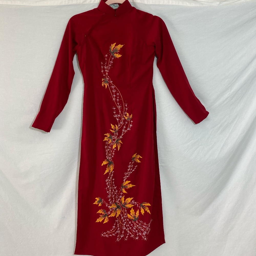 Long Red Cultural Dress with Gold Leaf Design. Handmade in Vietnam.